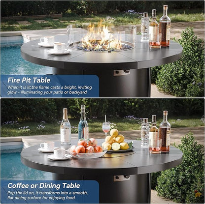 Kurapika 5 Pieces Patio Furniture Set, Rattan Wicker Outdoor Conversation Sets, 4 Woven Rattan Swivel Chairs w/48in Propane Fire Pit Table and Thickened Cushions, Sand