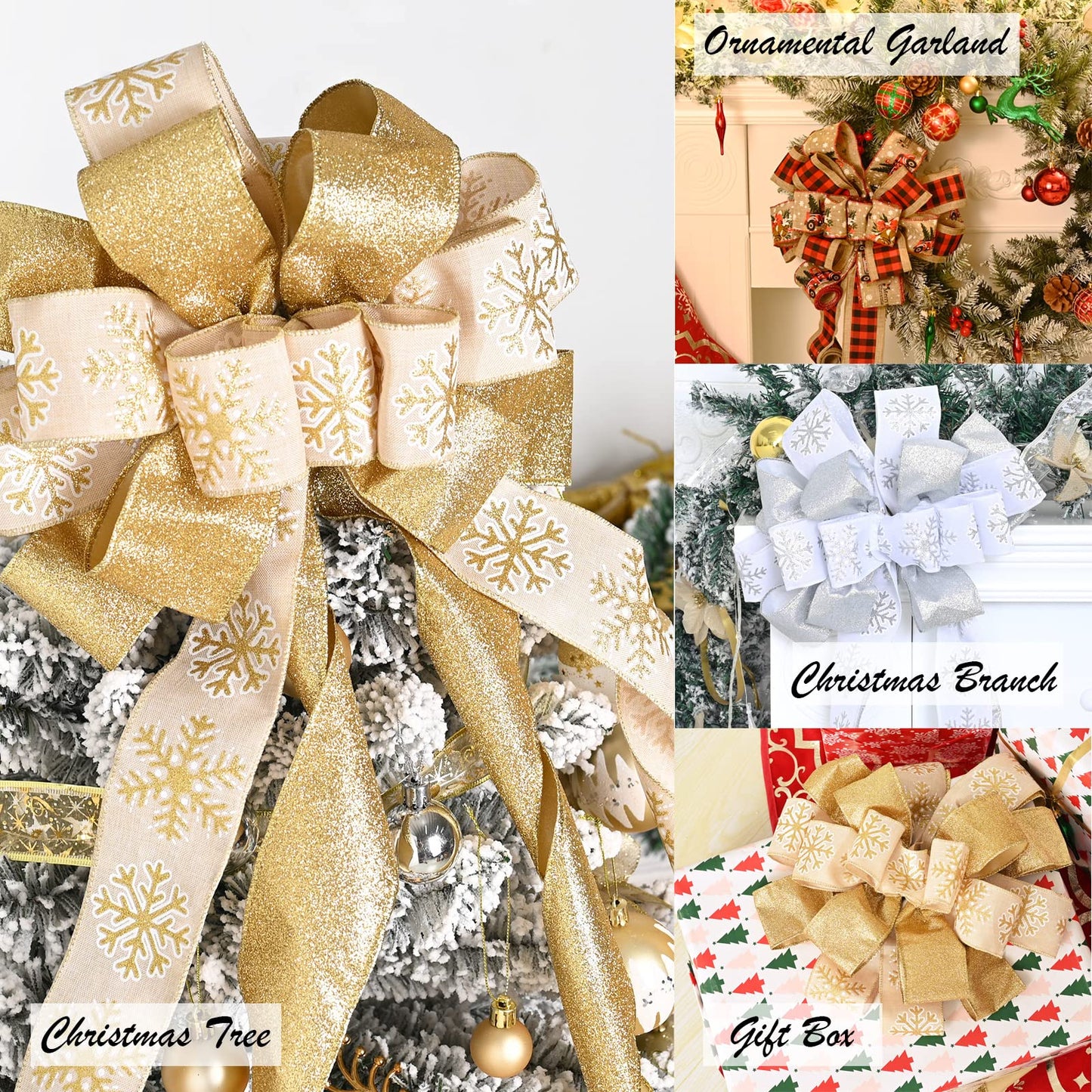 Christmas Tree Topper, 40x13 Inches Toppers Bow with Glitter Satin Mesh Streamer and Patterned Ribbon, Christmas Tree Topper Bow for Christmas Home Decoration (Gold)