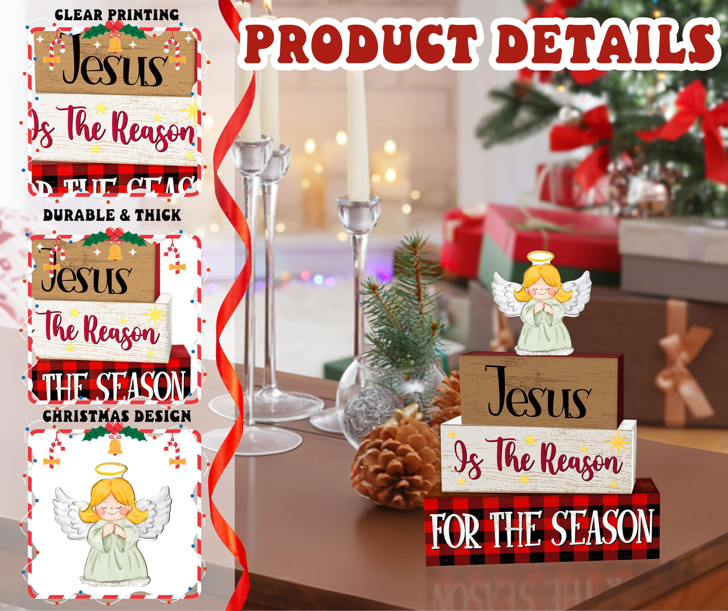 4 Pcs Angel Christmas Decor, Jesus Table Decorations, Bible Verse Christmas Tiered Tray Desk Decor Gifts, Wooden Christian Stack Block Signs Table Centerpiece for Farmhouse Office -B02