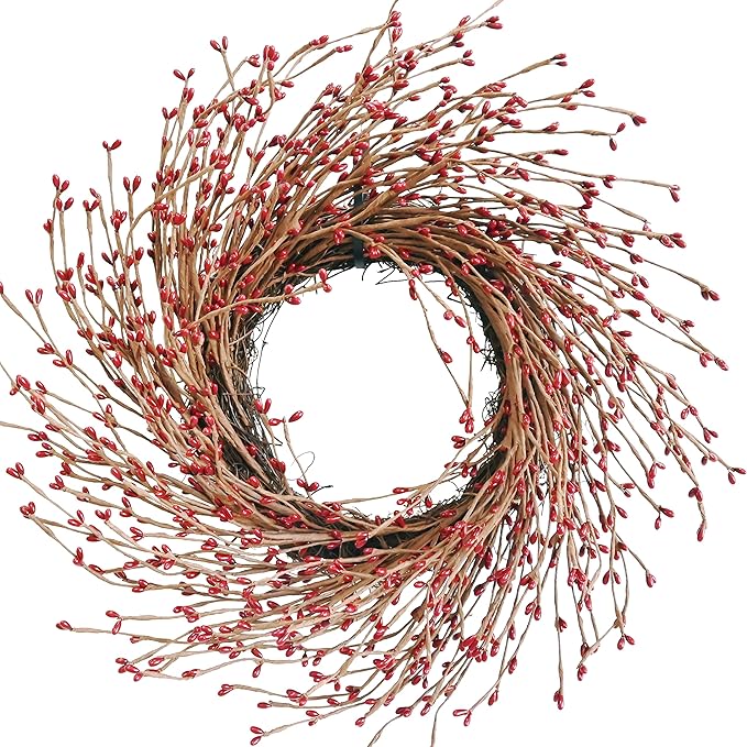 18 Inch Fall Front Door Wreath with Artificial Twig, Red & Burgundy Berry, Eucalyptus Leaves, Large Grapevine for Farmhouse Window Hanging Decor