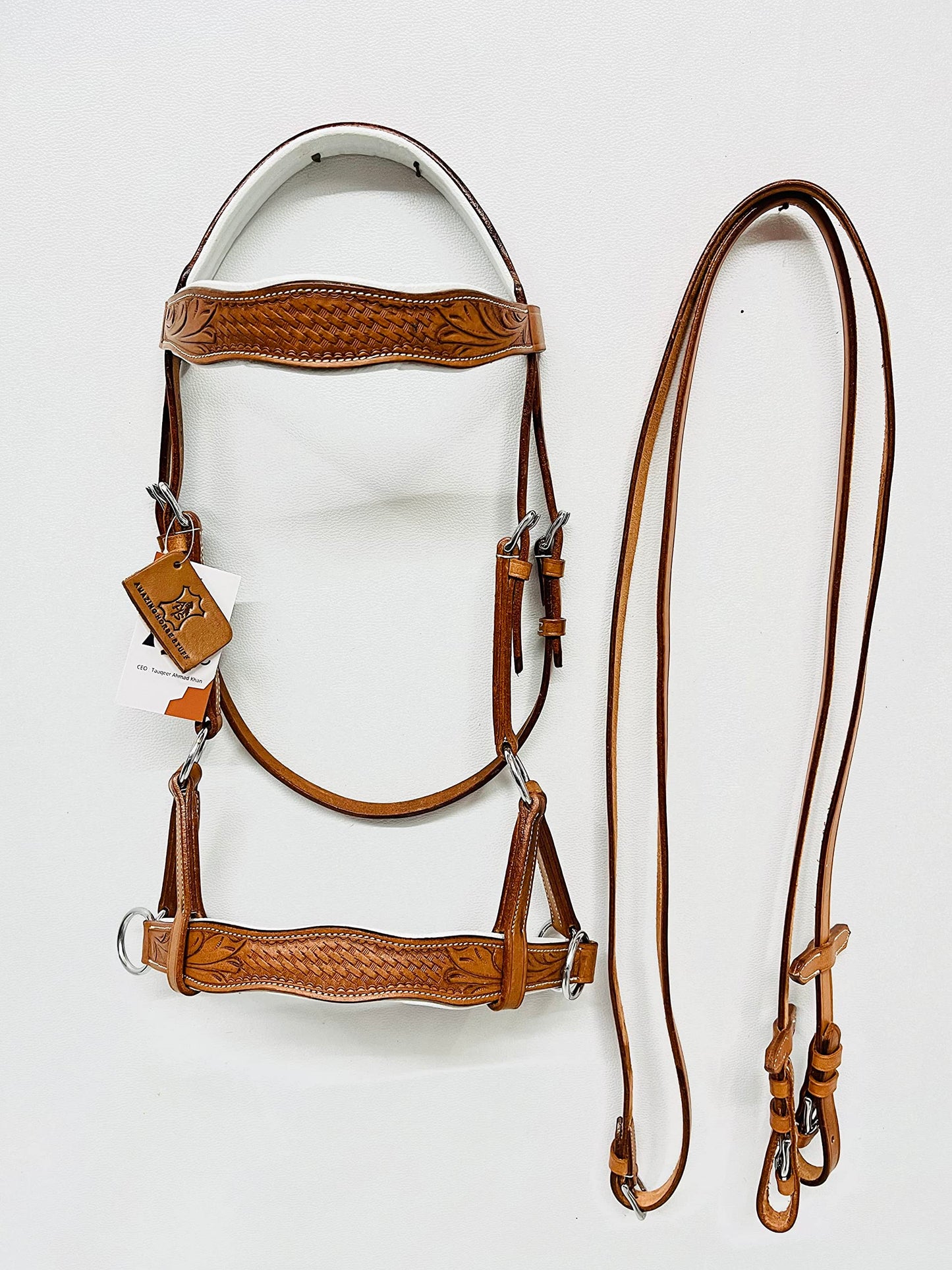 AMAZING HORSE STUFF Sidepull Bitless Bridle with Designer Hand Carving On Browband & Noseband Curved Shaped Natural (Full)