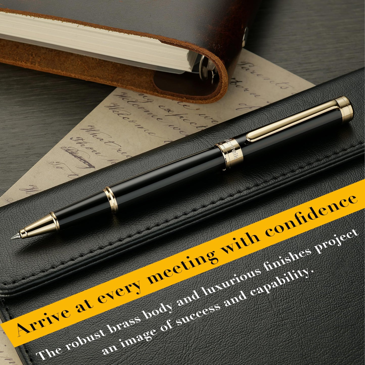 MCNTEIK Black Lacquer Rollerball Pen - Stunning Luxury Pen, 24K Gold Plating, Schmidt Refill, Precision Flow Ink, Best Roller Ball Gift Set for Men & Women, Professional, Executive Fancy, Nice Pens