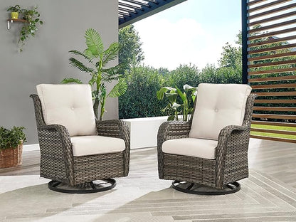Rilyson Wicker Rocking Chair Swivel Chairs – 6 Piece Rocker Patio Furniture Set Rattan Rocking Bistro Sets with Glass Top Side Table for Outdoor Porch Deck Garden Backyard(Mixed Grey/Beige)