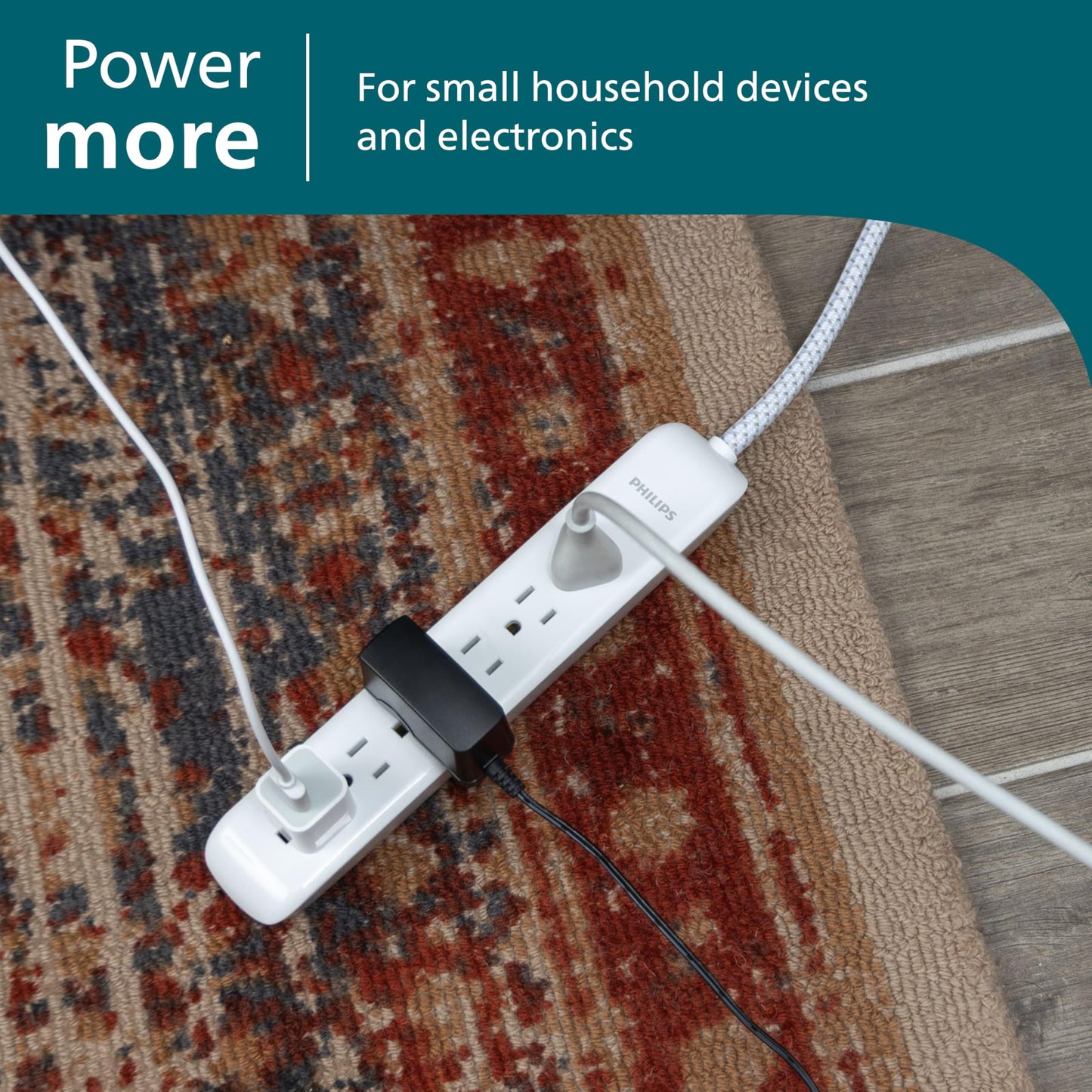 Philips 6 Outlet Power Strip Surge Protector, 6 Ft Power Cord, Designer Braided Extension Cord, Flat Plug, Perfect for Office or Home Décor, 1080 Joules, White, SPC3054WA/37