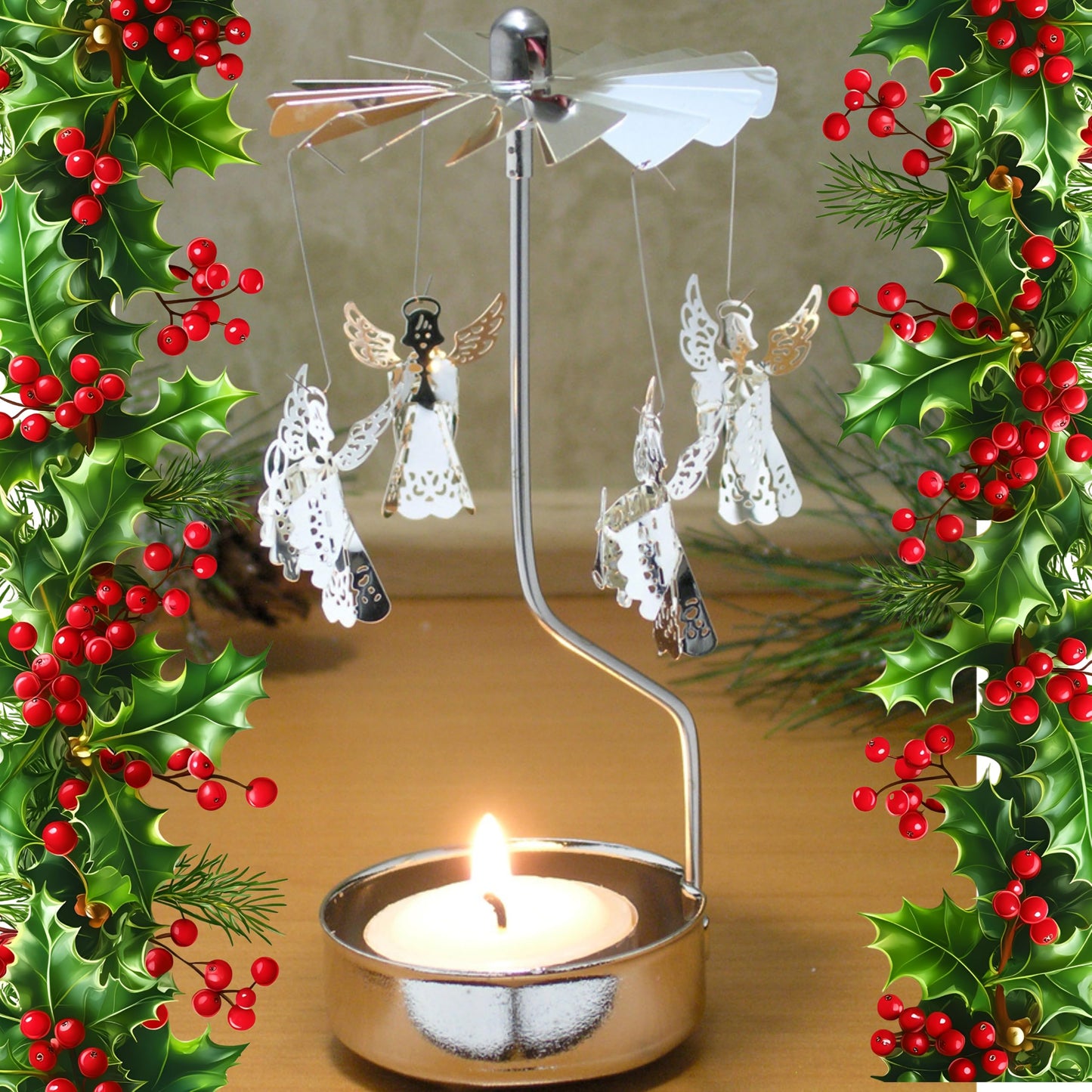 Angel Candle Holder with Flameless LED Tea Light Candle, Silver Scandinavian Angel Design, Christmas Candle Decoration, Winter Table Centerpiece, Holiday Home Décor, 6 Inch Tall