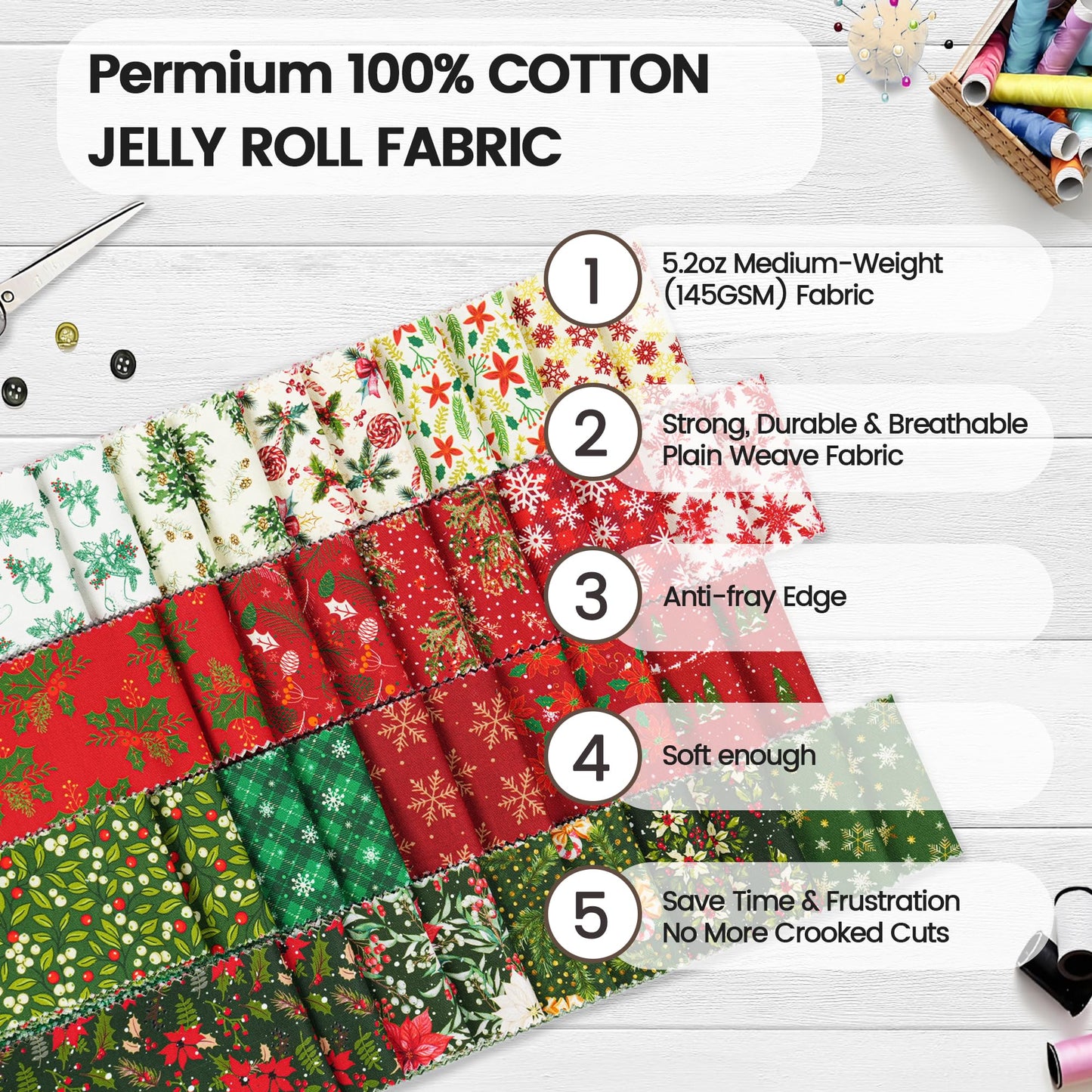 Craftido-20 Options-100% Cotton Jelly Roll Fabric Precut Strips for Quilting, Crafting, and Sewing, 40 Strips 2.5" x 44" Assorted Bundles for Rugs, Quilts, DIY Crafts and Home Decor-Winter Christmas