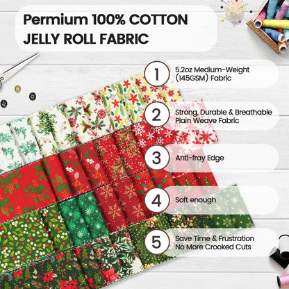 Craftido-20 Options-100% Cotton Jelly Roll Fabric Precut Strips for Quilting, Crafting, and Sewing, 40 Strips 2.5" x 44" Assorted Bundles for Rugs, Quilts, DIY Crafts and Home Decor-Winter Christmas
