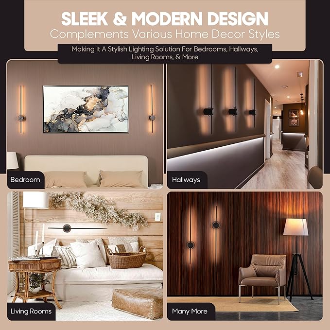 Battery Operated Wall Sconces - Set of Two, 31" in Matte Black - 6000 mAh Rechargeable Wall Sconce, 3 Color Temperatures, 350° Rotating, & Dimmable - Wireless LED Lights with Remote Control & Timer