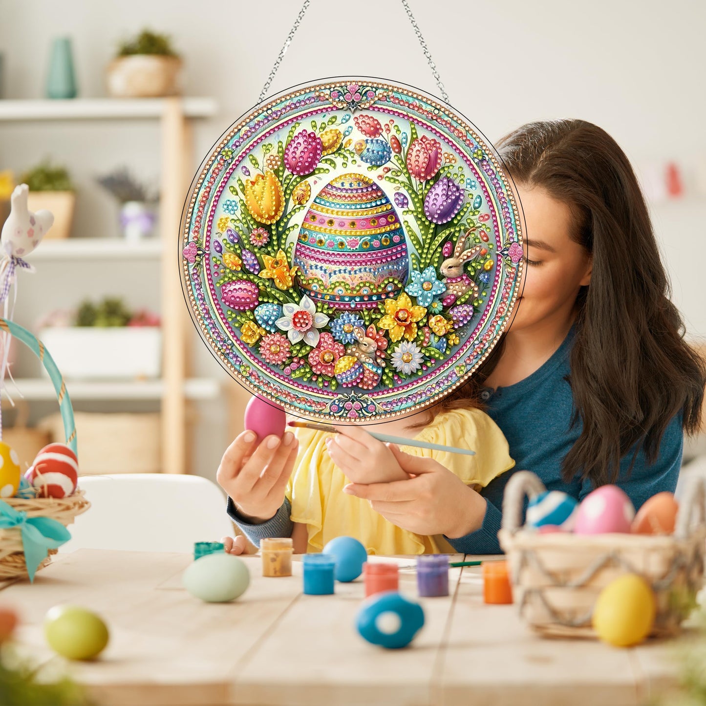 DIY Acrylic Diamond Art Painting Wreath Kits Special Shaped Rhinestone 5D Diamond Art Window Pendants Home Garden Wall Hanging Kits Hanging Ornament (Easter Egg)