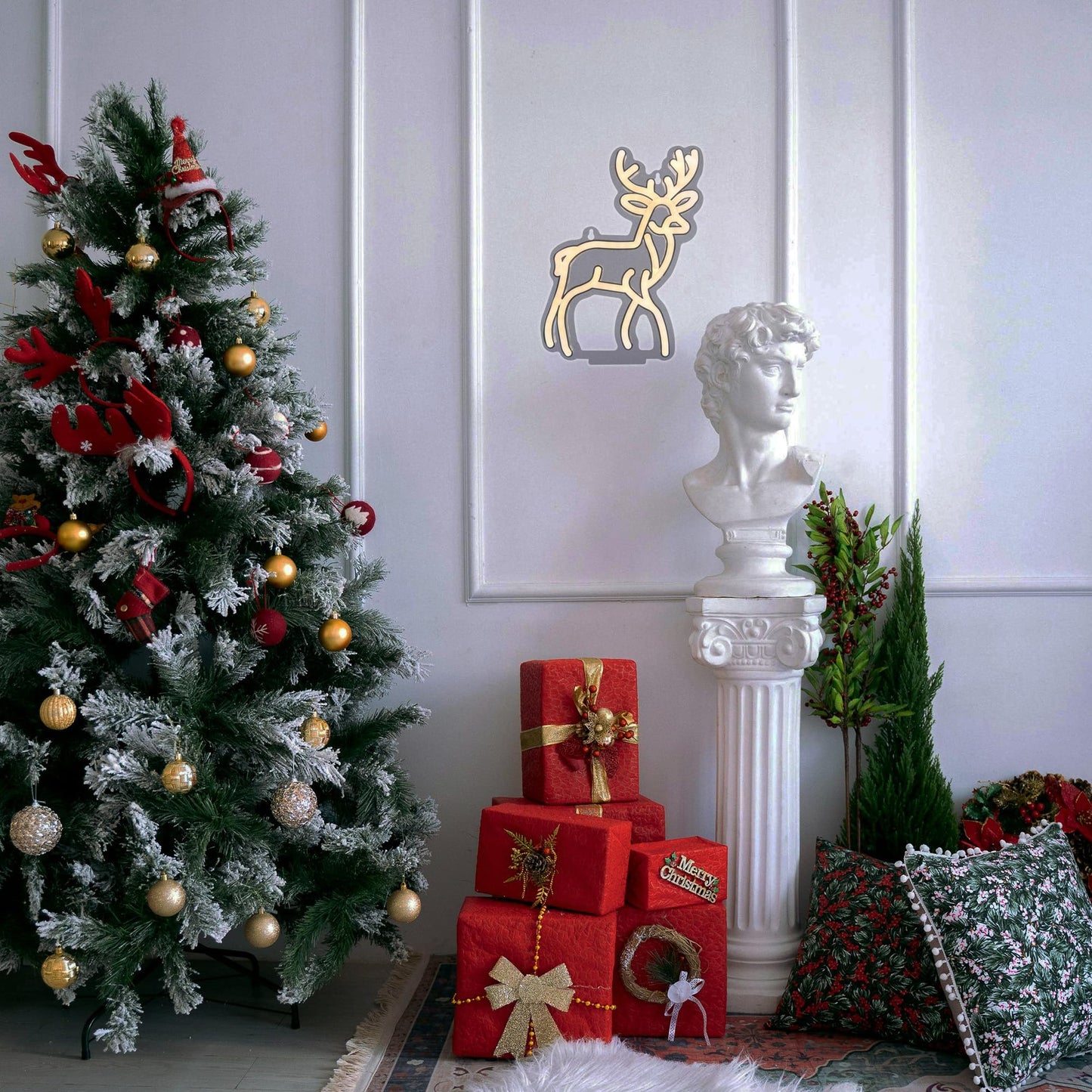 Christmas Reindeer Neon Sign,Adjustable Brightness Elk LED Neon Light Sign for Wall Decor,Deer Neon Signs USB Powered for Bedroom Xmas Eve Pub Club New Year Decor(Yellow)