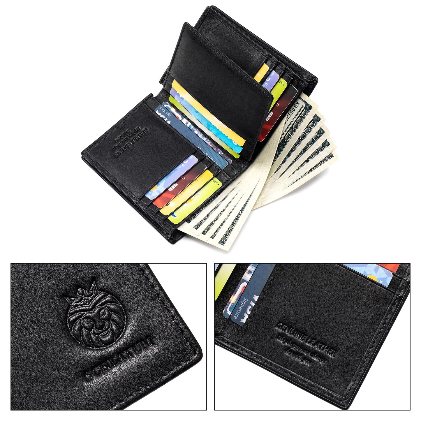 LUKZIJAES Genuine Leather Bifold Wallet for Men Rfid Blocking Large Capacity Vertical Wallets Mens with ID Window 15 Card Slots 2 Cash Pockets (Black)