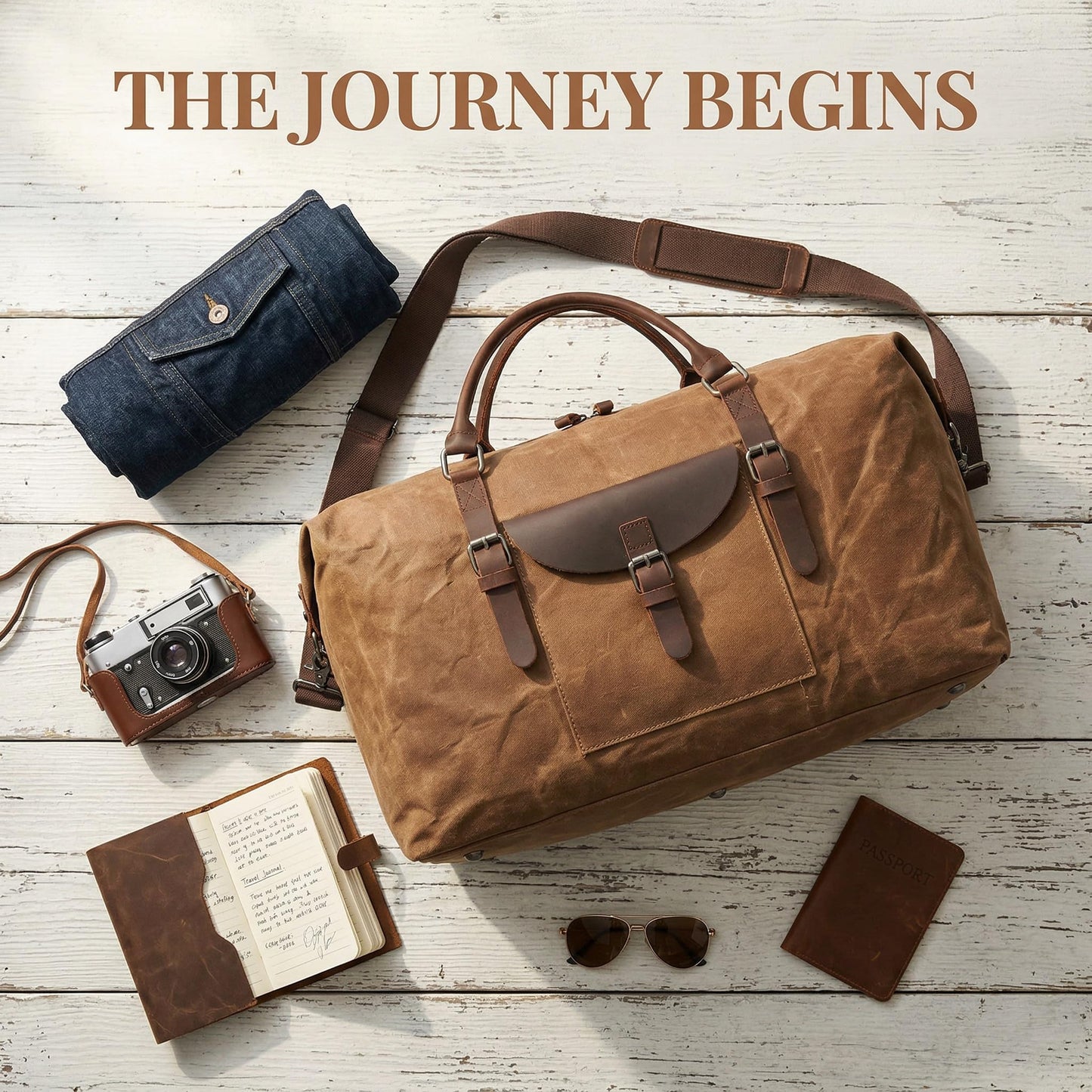 NEWHEY 55L Travel Duffel Bag, Waterproof Waxed Canvas & Leather Weekender Bag for Men, Large Carry-on Overnight Bag for 4-5 Day Business Trips & Weekend Getaways, Brown