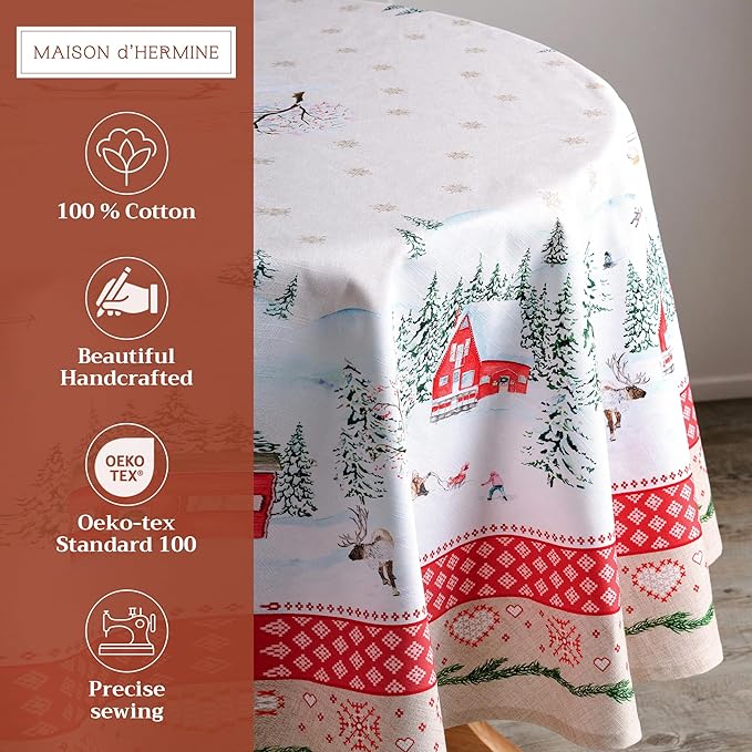 Maison d' Hermine Table Cloth Round Table 100% Cotton 69 Inches Fall Tablecloth Reusable Everyday Use for Thanksgiving Christmas Decorations Dining Farmhouse Party (Rural Christmas)