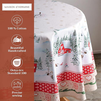 Maison d' Hermine Table Cloth Round Table 100% Cotton 69 Inches Fall Tablecloth Reusable Everyday Use for Thanksgiving Christmas Decorations Dining Farmhouse Party (Rural Christmas)