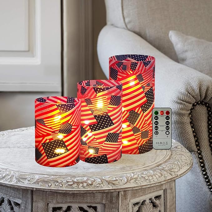 Flickering Flameless Candles Stars and Stripes Print US Flag, Embedded Star String Lights, Battery Operated Acrylic LED Pillar Candles with 11-Key Remote and Timer for Home Decoration, 3 Pack