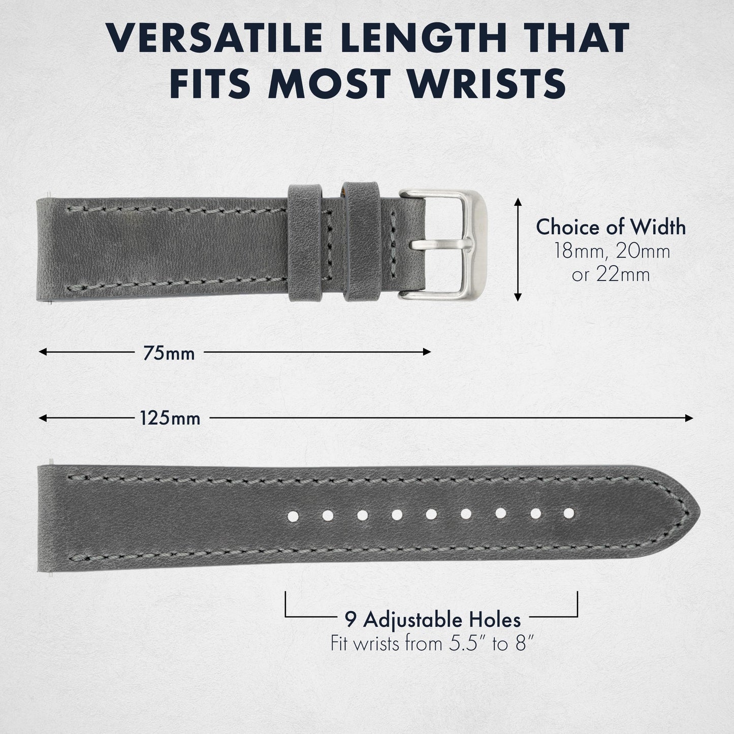 Benchmark Leather Watch Band - Crazy Horse Leather Watch Straps for Men & Women - Quick Release Spring Bars - Choice of Color - 18mm, 20mm, or 22mm Widths (20mm, Grey)
