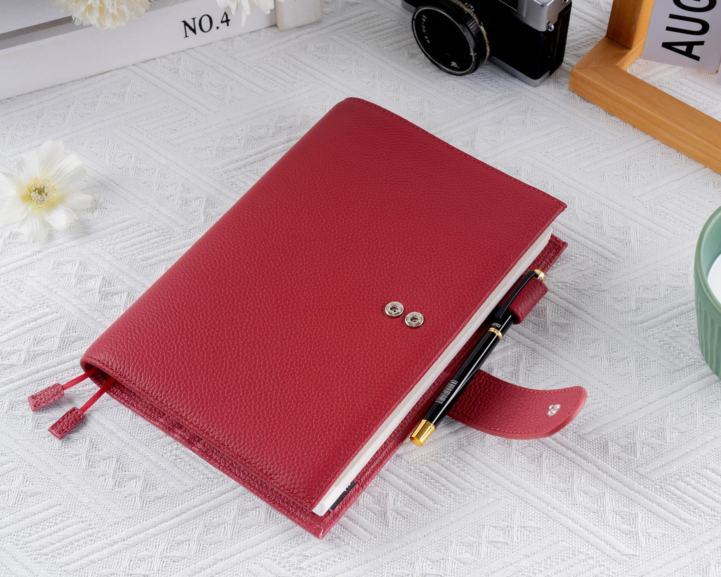 Ox Knight Genuine Leather Cover for A5 Notebooks, Fits Hobonichi Cousin, Midori MD Planners, Leuchtturm1917 and Stalogy with Pen Loop, Card Slots, Side Pockets, Back Pocket and Bookmarks (Red)