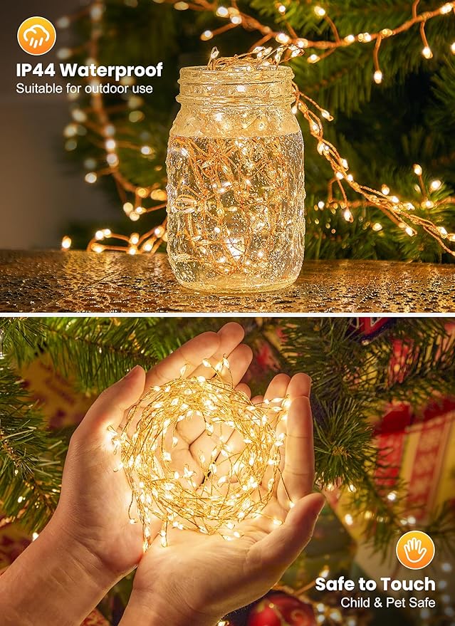 Flowing Fairy Lights Plug in with 14 Modes, 10FT 388LED Twinkle Firecrackers String Lights Indoor, Christmas Tree Cluster Lights Waterproof for Bedroom Garland Christmas Decor, Warm White