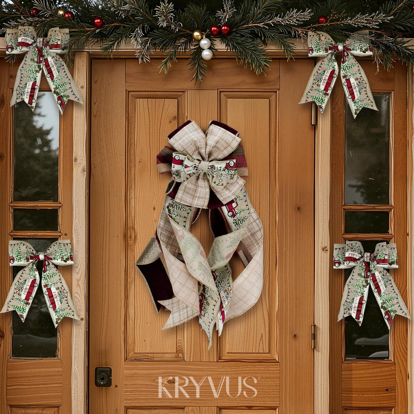 Kryvus Christmas Wired Ribbon, 2.5 Inch x 10 Yards, Natural Linen Ribbon with Gold Wired Edge for Wreaths, Gift Wrapping, Christmas Tree Decorations and Holiday Crafts (Bus)