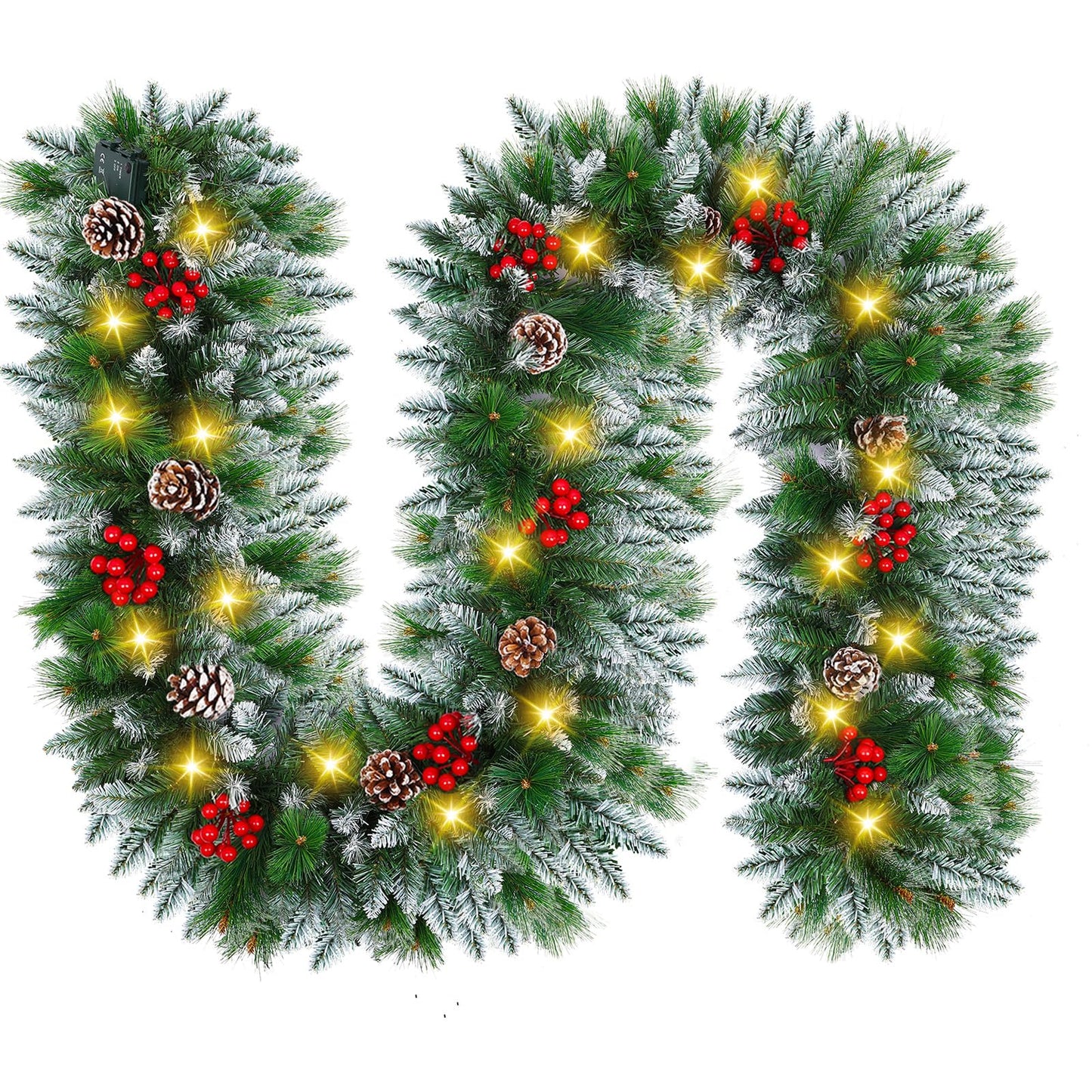 9FT Prelit Christmas Garland with Lights Decorations: Artificial Greenery Garland Battery Operated for Fireplace Mantle Stairs Windows Xmas Decorations, Indoor Outdoor Holiday Garland Decor