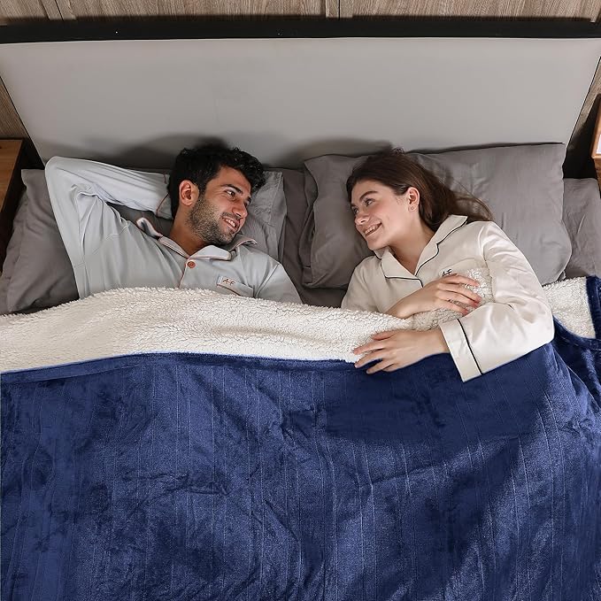 Electric Blanket King, Dual Control Heated Electric Blanket King Size with Flannel & Sherpa, Machine Washable Plush Heated Blanket 5 Heating Levels & 10 Hours Auto Off, 100" x 90", Navy Blue