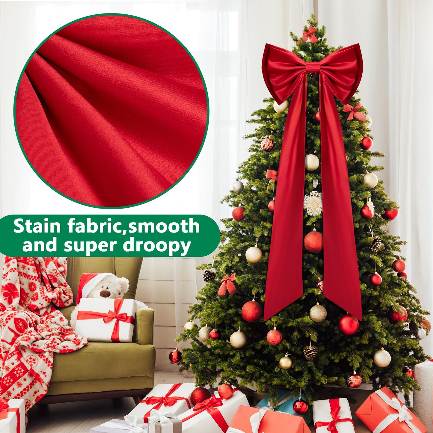 Iceyyyy 52.2 x 15.5 Inch Christmas Tree Topper Red Satin Bows,Double Layer Extra Large Tree Topper Ornament Bow,Giant Red Christmas Tree Bow for Indoor Outdoor Holiday Party Home Decor