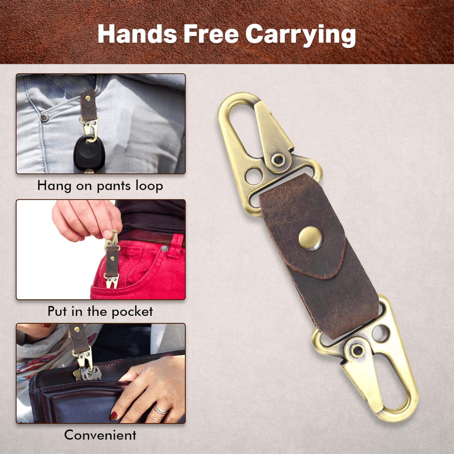 TheAntiq Genuine Leather Car Keychain - Handmade Key Holder with Dual Metal Clips, Durable Key Organizer for Car Keys, Belt, Bag & Everyday Carry (Brown)