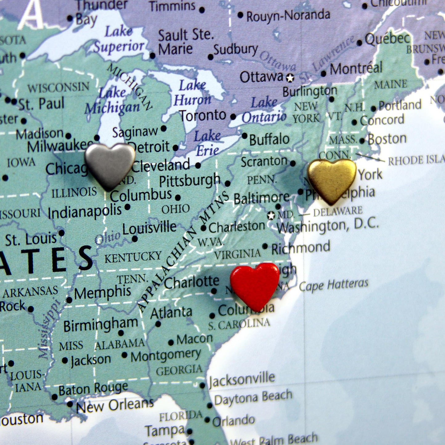 Mini Gold Heart Push Pins - Mini Gold Metal Heart Map Pins - for Cork Board, Maps, or Lapel Pin Use - Designed in USA - Set of 10
