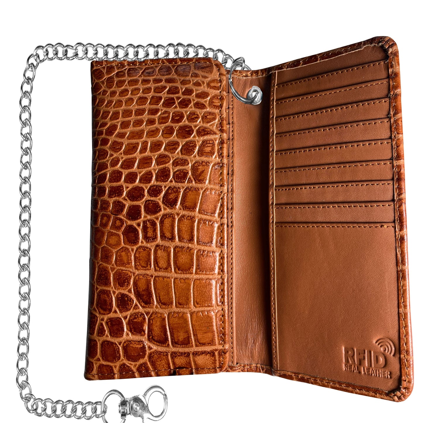 IBRO Motorcycle Chain Wallet for Men – Premium Cowhide Leather, RFID Tri-Fold Biker Wallet with Heavy Duty Chain for Bikers Truckers & Hunters, Credit Card Money Organizer Long Wallet Crocodile Brown