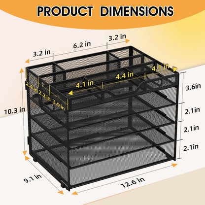 OrgMate 5 Tier Paper Letter Tray with 3 Drop-in Pen Holders, Mesh Desk File Organizer with Handle, Desk Organizers and Accessories for School,Home, Office Supplies Storage-Black