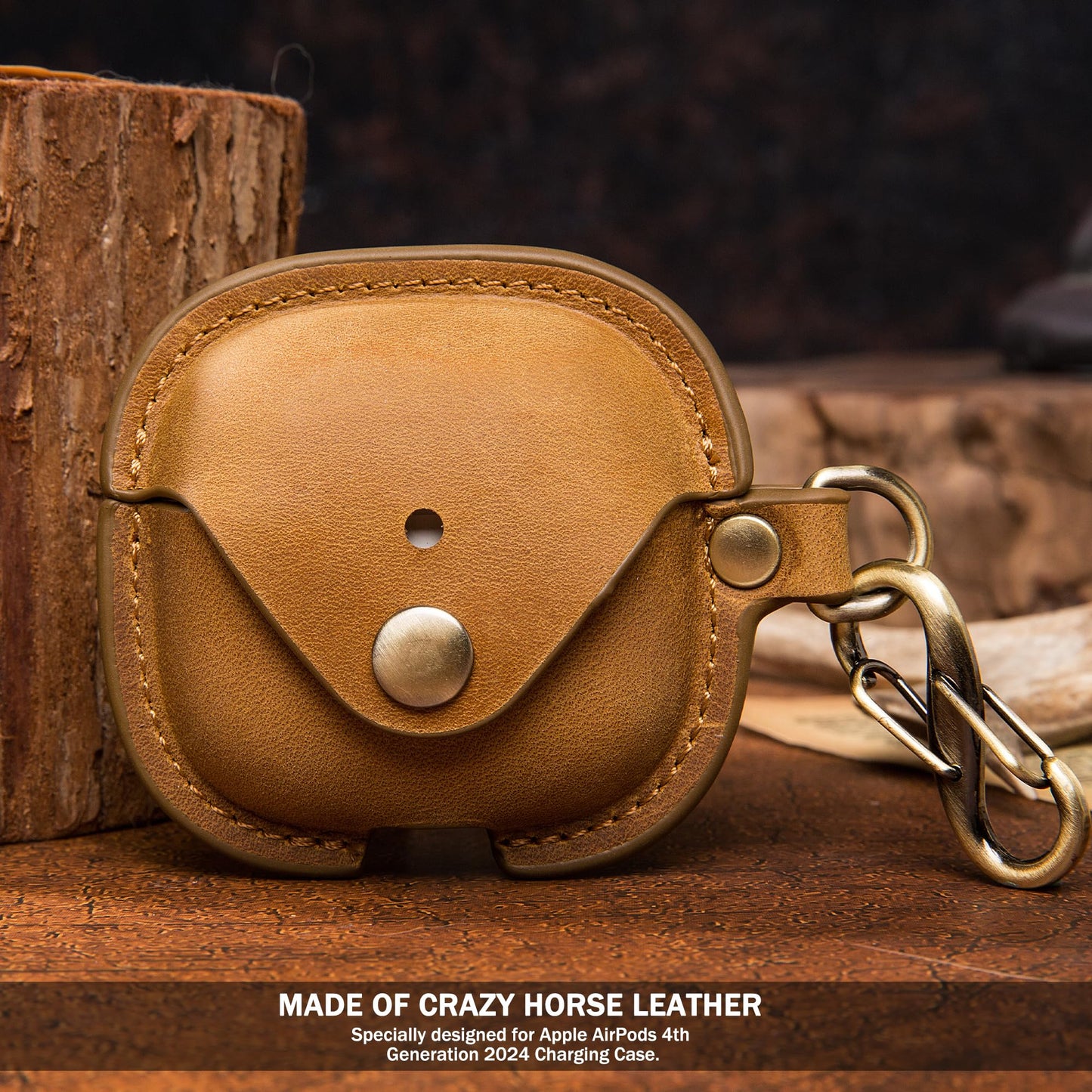 for Apple Airpods 4 (2024 Release), Elegant Retro-Style Crazy Horse Leather Case Cover with Keychain, Supports Wireless Charging, Features Front LED Visibility for Easy Status Check (Brown)