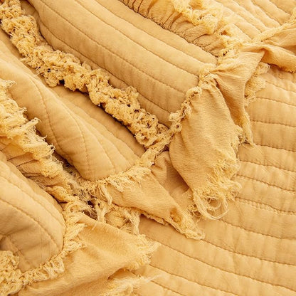 Ultra Soft Pre-Washed Warm Quilted Throw Blanket, Ruffle Fringed Yellow Boho Decorative Throw, Stone Washed Chic Rustic Blanket for Sofa Couch Bed Chair, 50"x 60"