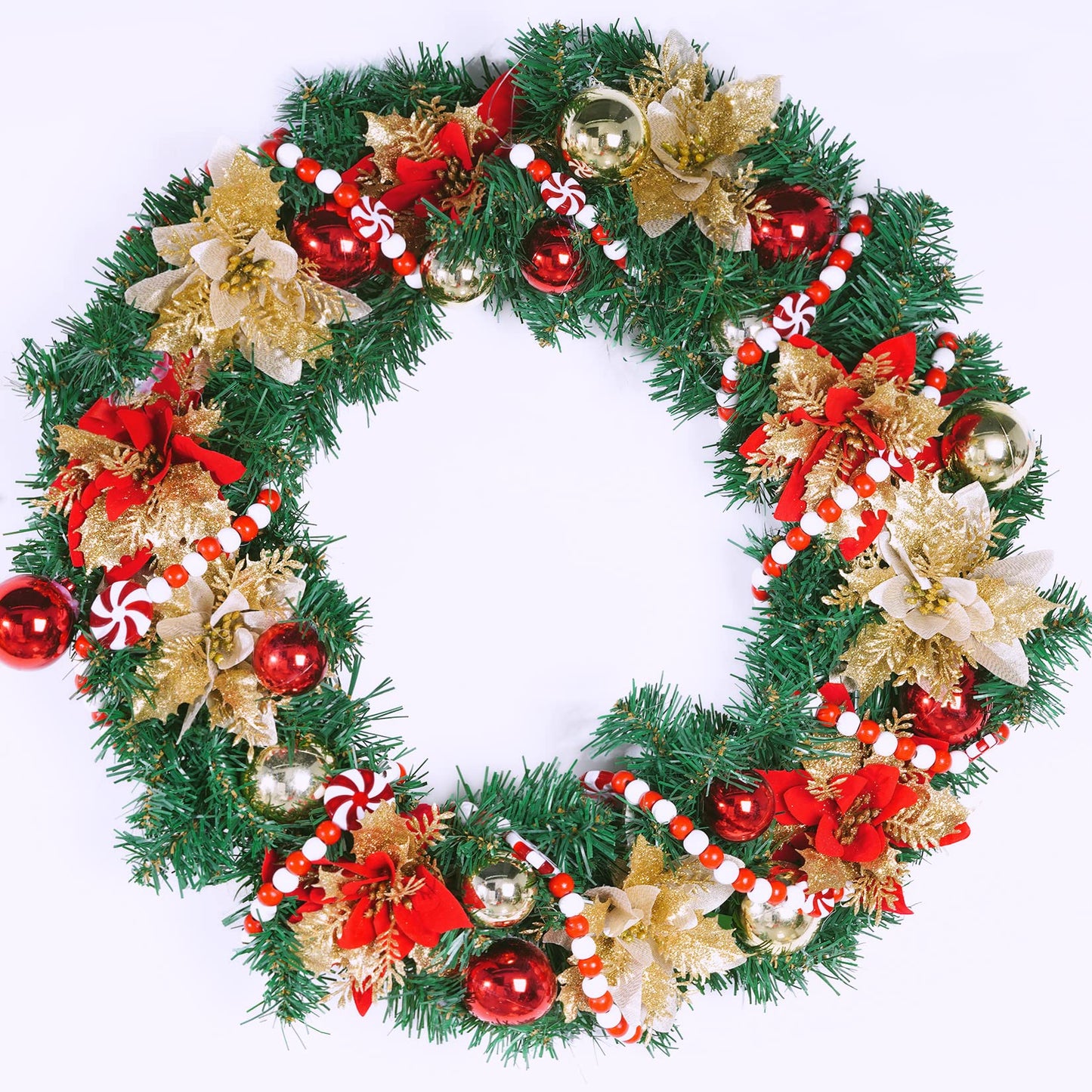 obmwang 10 Feet Christmas Wooden Bead Candy Garland Red and White Peppermint Candy Bead Garland for Xmas Party Supplies Holiday Decor