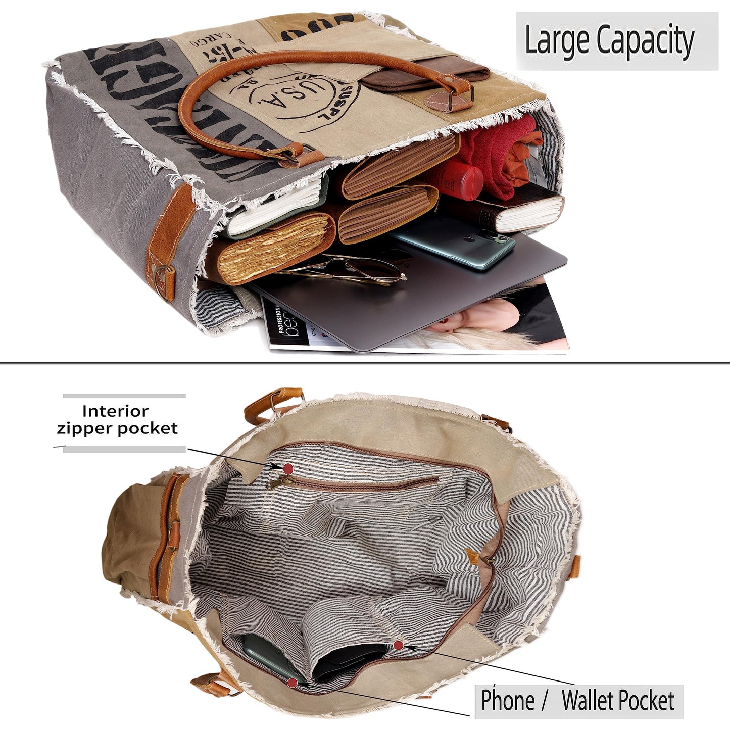 CLA Bags SEL de MER Large Upcycled Canvas & Cowhide Leather Crossbody Tote Handbag for Women (Cream & Grey Color)