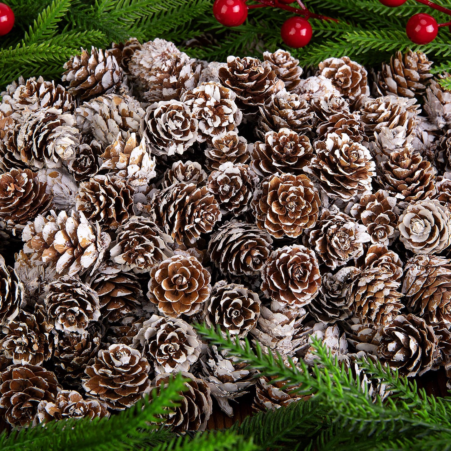 Deloky 150 Pcs Christmas Natural Mini Pine Cones- 1" Small Christmas Snow Pinecones Ornaments- Thanksgiving Mini Snow Pinecones for DIY Crafts Vase Fillers Fall Winter Home Christmas Tree Decor