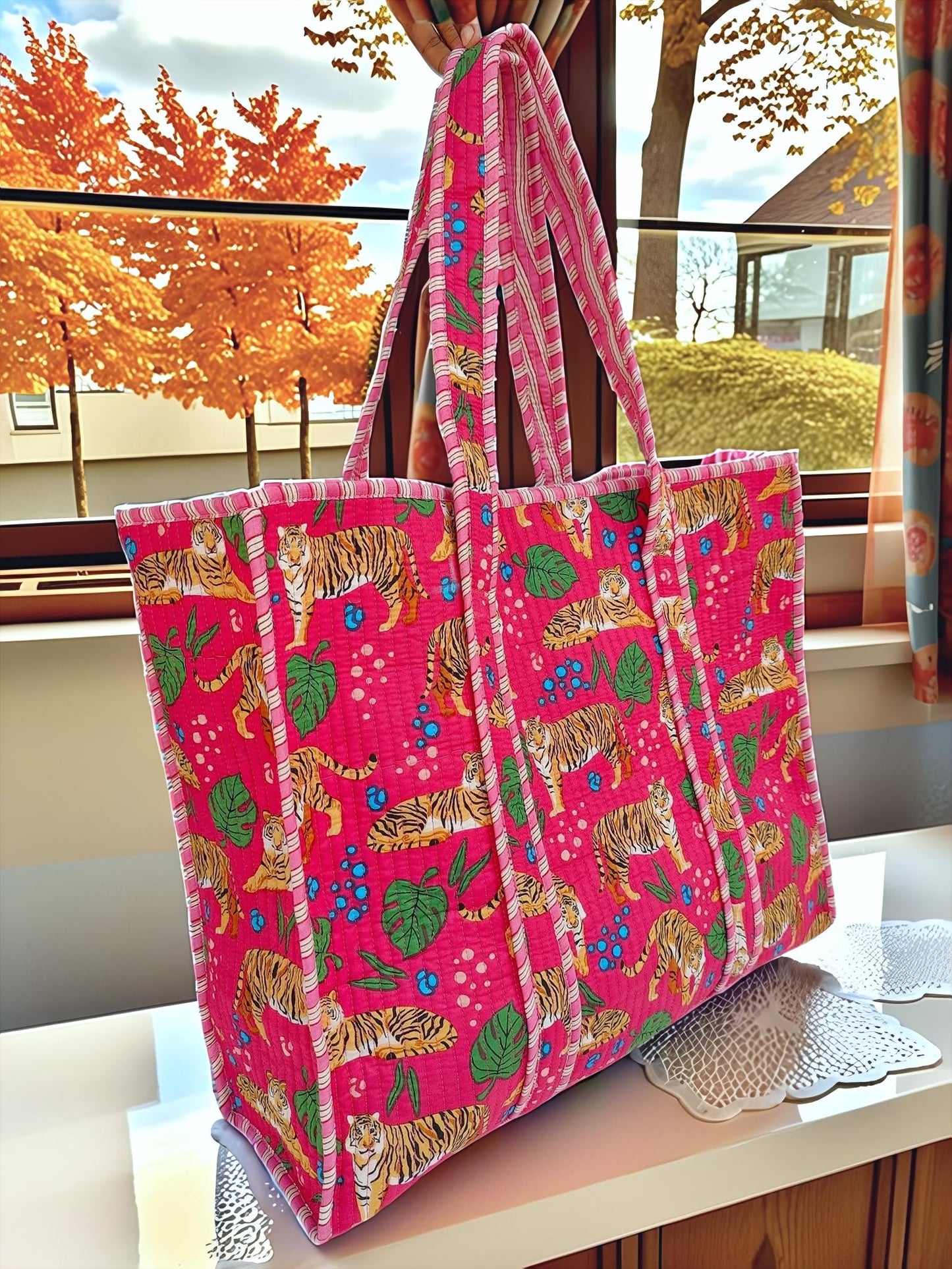 LKGSM RUGS Cotton Tiger Block Print Tote Bag, Indian Handmade Shopping Shoulder Bag, Unisex Market Daily Use (1, DN 15)