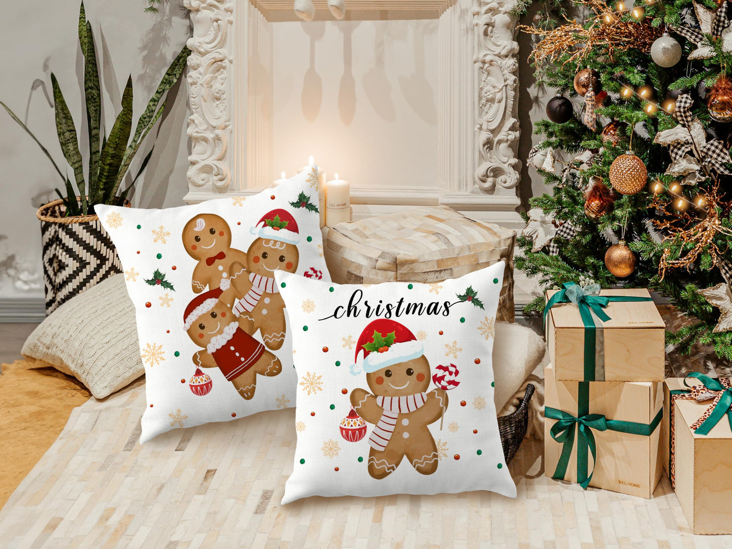 ROXMART Winter Christmas Gingerbread Pillow Covers 18x18 Set of 2, Gingerbread Christmas Decor, Holiday Winter Xmas Ginger Bread Decorative Pillow Covers for Couch Sofa Bedroom Living Room Home