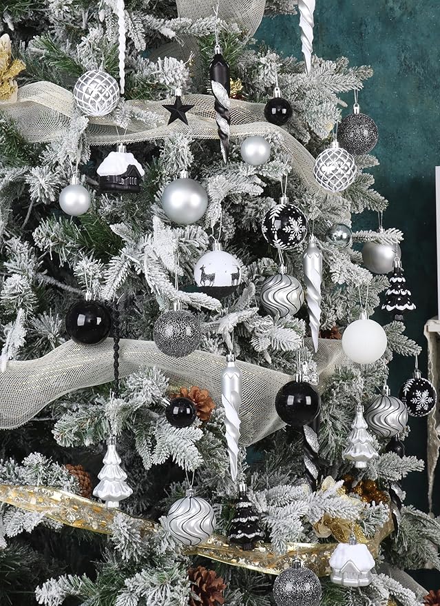 124Ct Black White and Silver Christmas Tree Ornaments Set,Shatterproof Assorted Christmas Decorations for Xmas Tree Snowflake Icicle House Ball Ornaments Baubles for Holiday Party(Black White Silver)