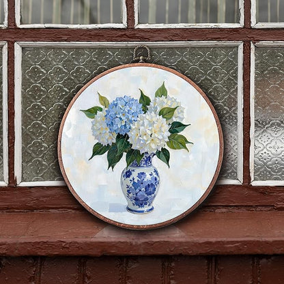 Threegoat Chinoiserie Spring Floral Framed Round Wall Art,Blue and White Hydrangea Flowers Wall Art Decor for Bedroom,Vintage Wall Hanging Decor for Grand Millenial Grandmillennial Home - A05