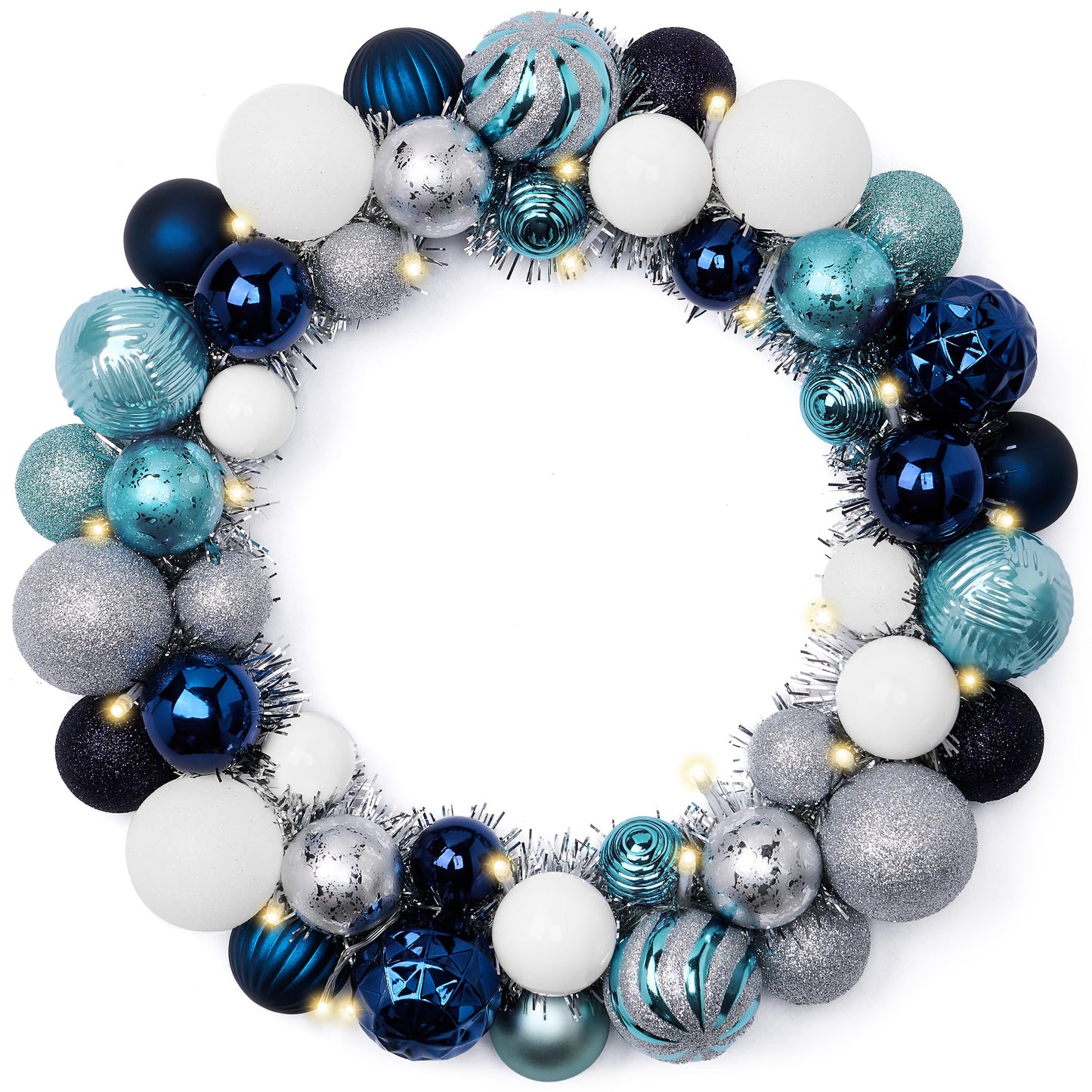 Valery Madelyn Pre-Lit Christmas Ball Wreath for Front Door with Lights, 13'' Lighted Christmas Wreath with Silver Blue Xmas Ball for Fireplace Window Outdoor Table Centerpiece Holiday Home Decoration