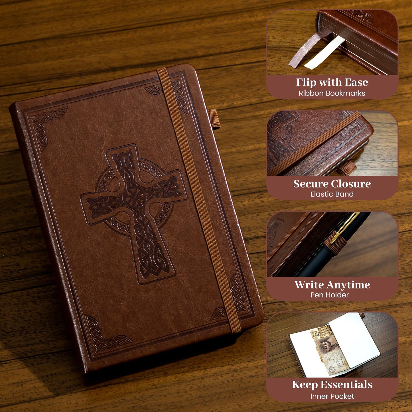 CAGIE Leather Lined Journal Notebook for Men & Women, Debossed Cross, 320 Pages 100 GSM Thick Paper, A5 Hardcover Journaling Notebooks for Writing, 5.7'' X 8.3'' Diary, Brown
