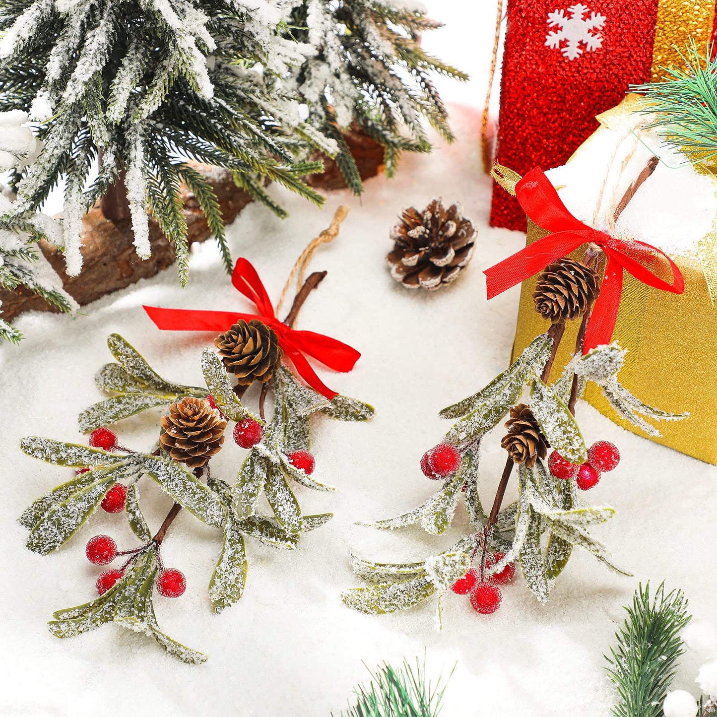 Giegxin 1 Piece Christmas Artificial Mistletoe Ornament with Bow Christmas Hanging Mistletoe Decoration Bouquet Floral Natural Pine Cones Holiday Decor Ornament Bouquet (Stylish Style,Red)