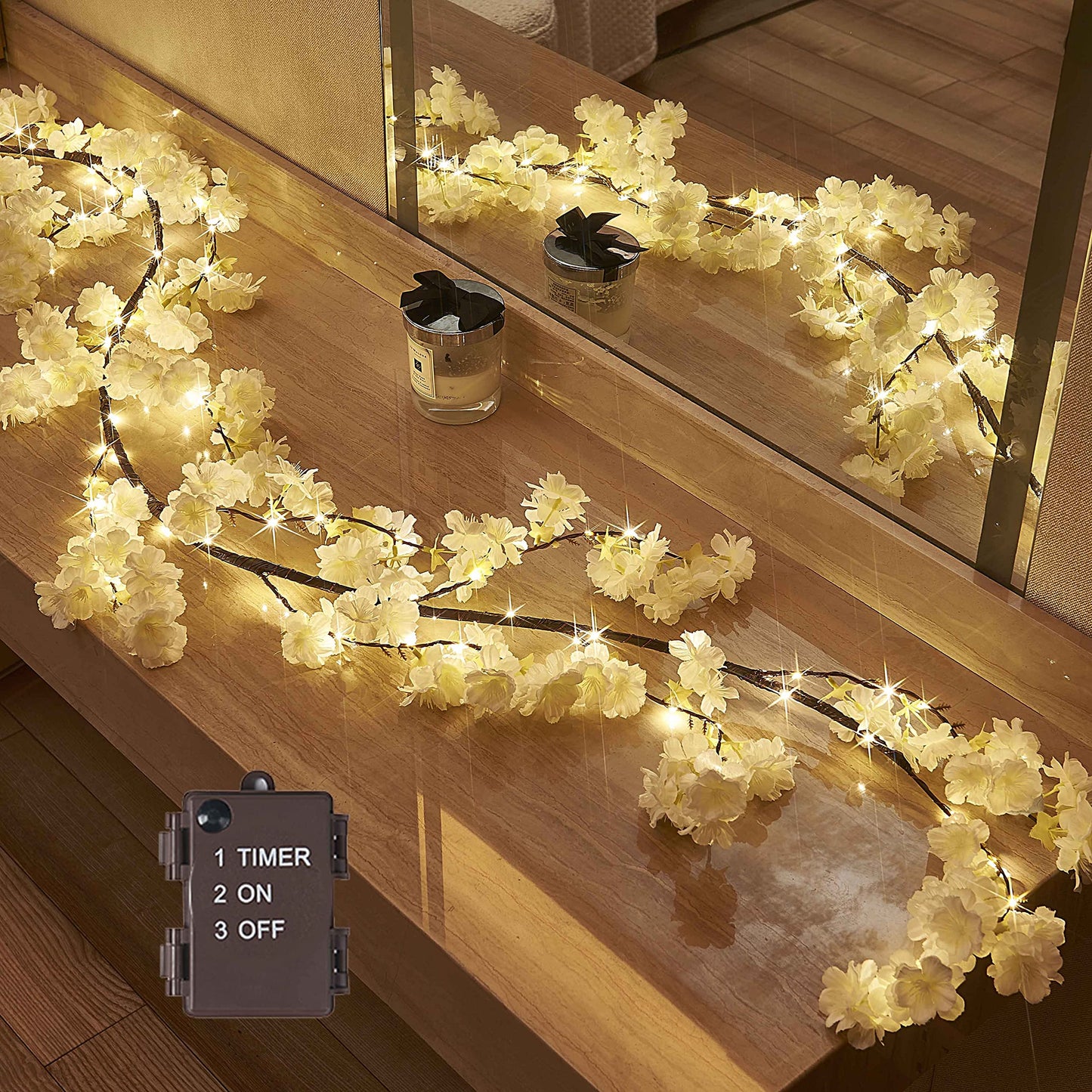 Hairui Cherry Blossom 96 LED Fairy Lights 6FT Garland, White, Battery Operated with Timer for Indoor/Outdoor Decor