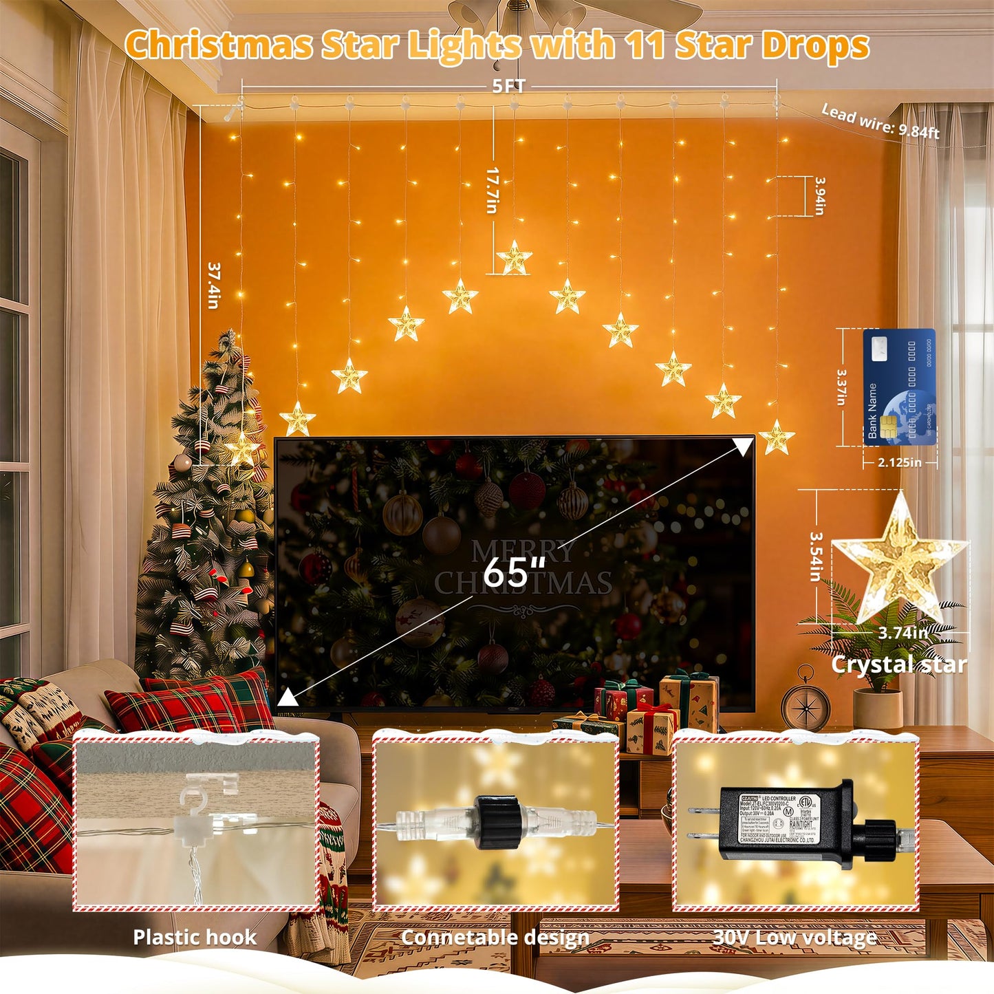 woohaha 118LED Star Icicle Lights,Window Curtain Light Plug in,8 Modes Timer Hanging String Lights,Connectable Warm White Star Lights for Bedroom Indoor Party Wedding Ramadan Christmas Decorations