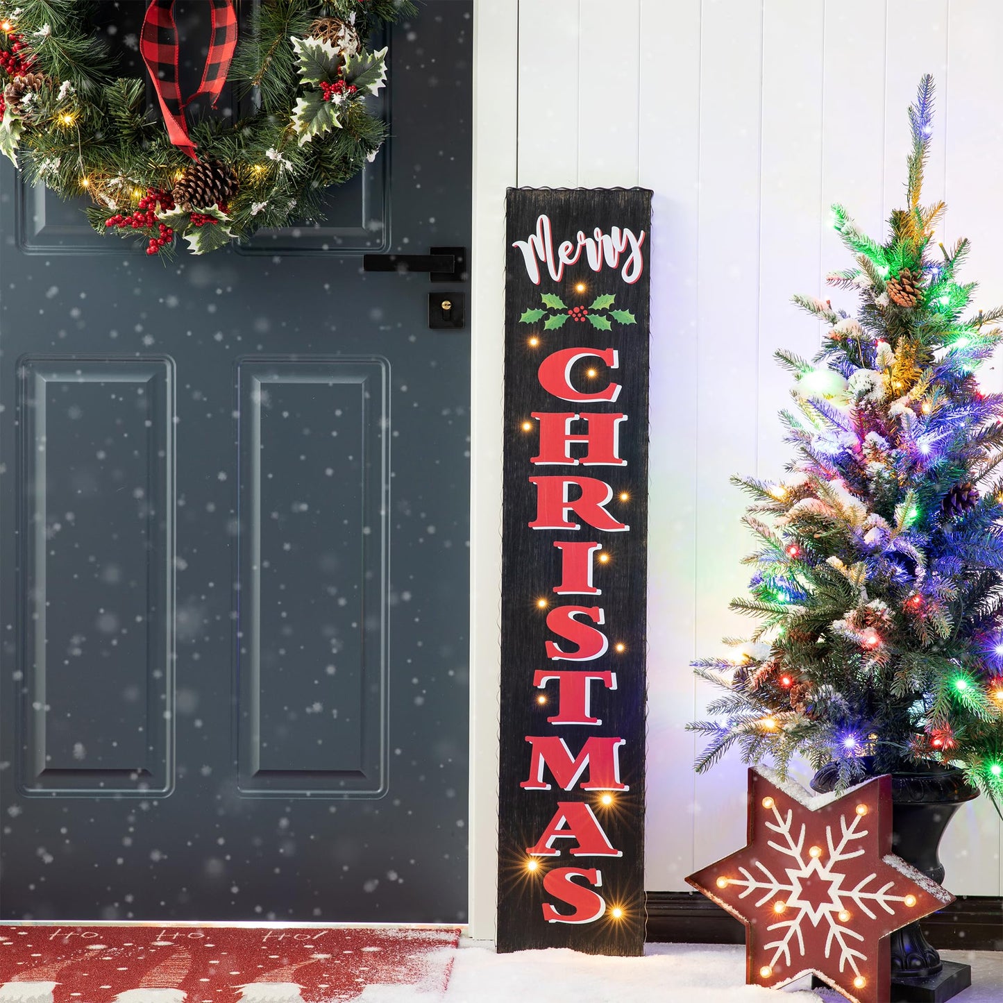Glitzhome 42" H Lighted Wooden Black Christmas Porch Sign, Rustic Merry Christmas Vertical Porch Décor, Standing Hanging Holiday Party Signs Wall Door Decorations for Xmas