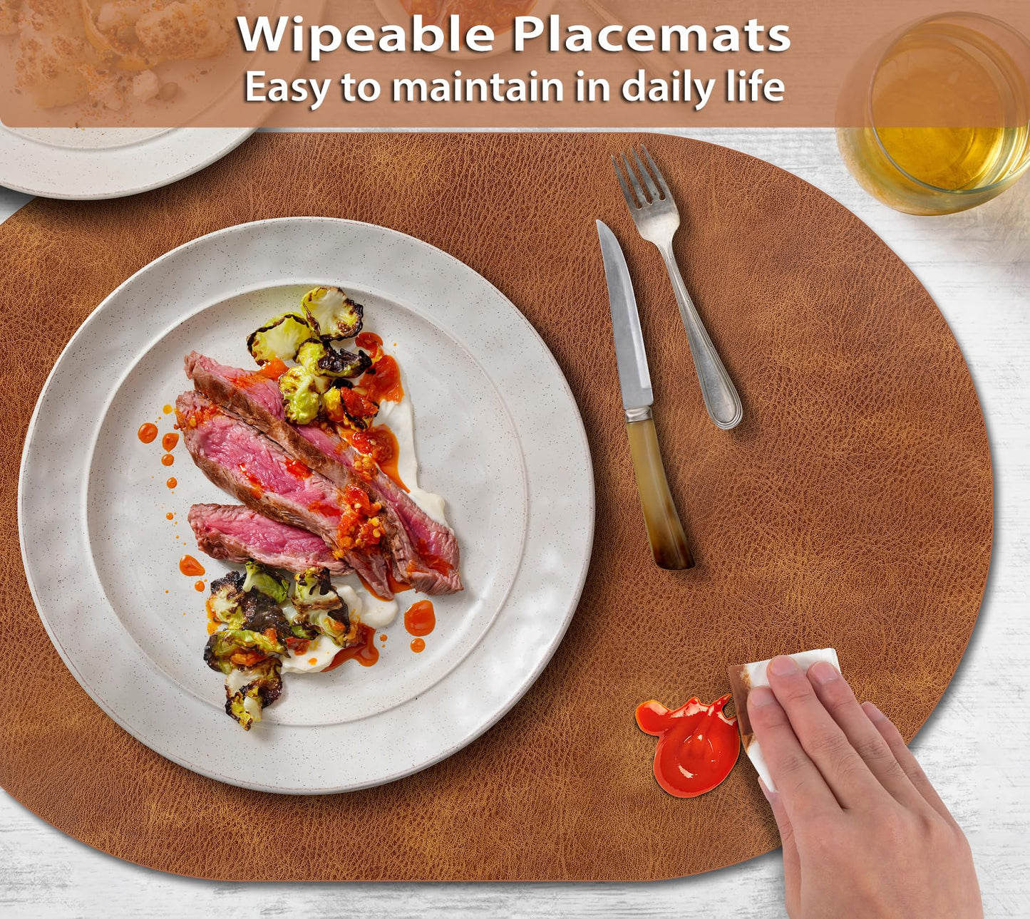 ADRIMER Placemats, Heat Resistant Oval Placemats Set of 12 Washable 12 x 17 Inch, Waterproof Table Mats, Wipeable Pu Place Mats for Kitchen, Dining Room, Turmeric Brown
