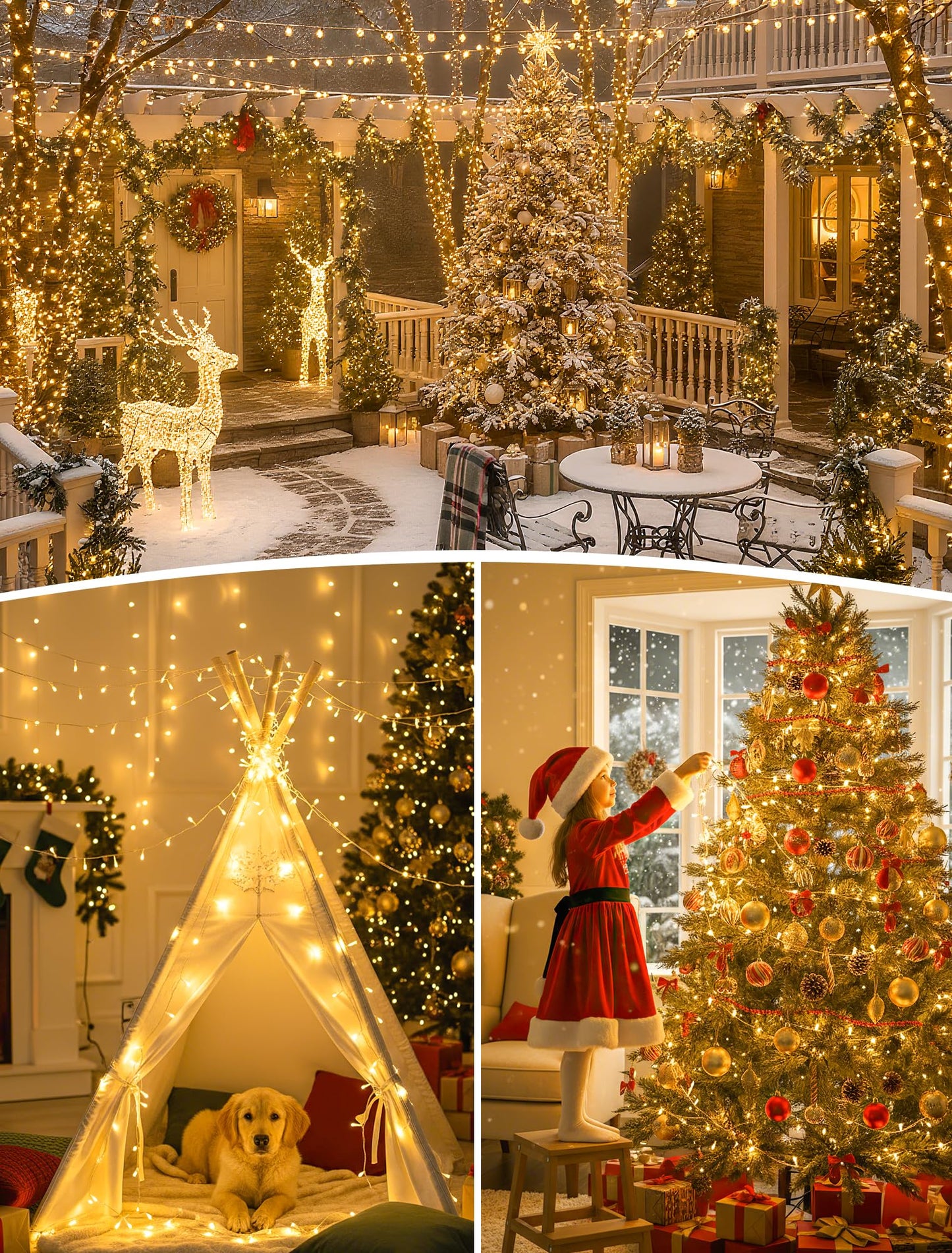 YOUNGAR 98FT String Lights Outdoor, 8 Modes Fairy Twinkle Christmas 200 LED Lights, 30V Plug-in for Tree, Home, Garden, Wedding, Party, Holiday Indoor Decoration, Warm White, Connectable