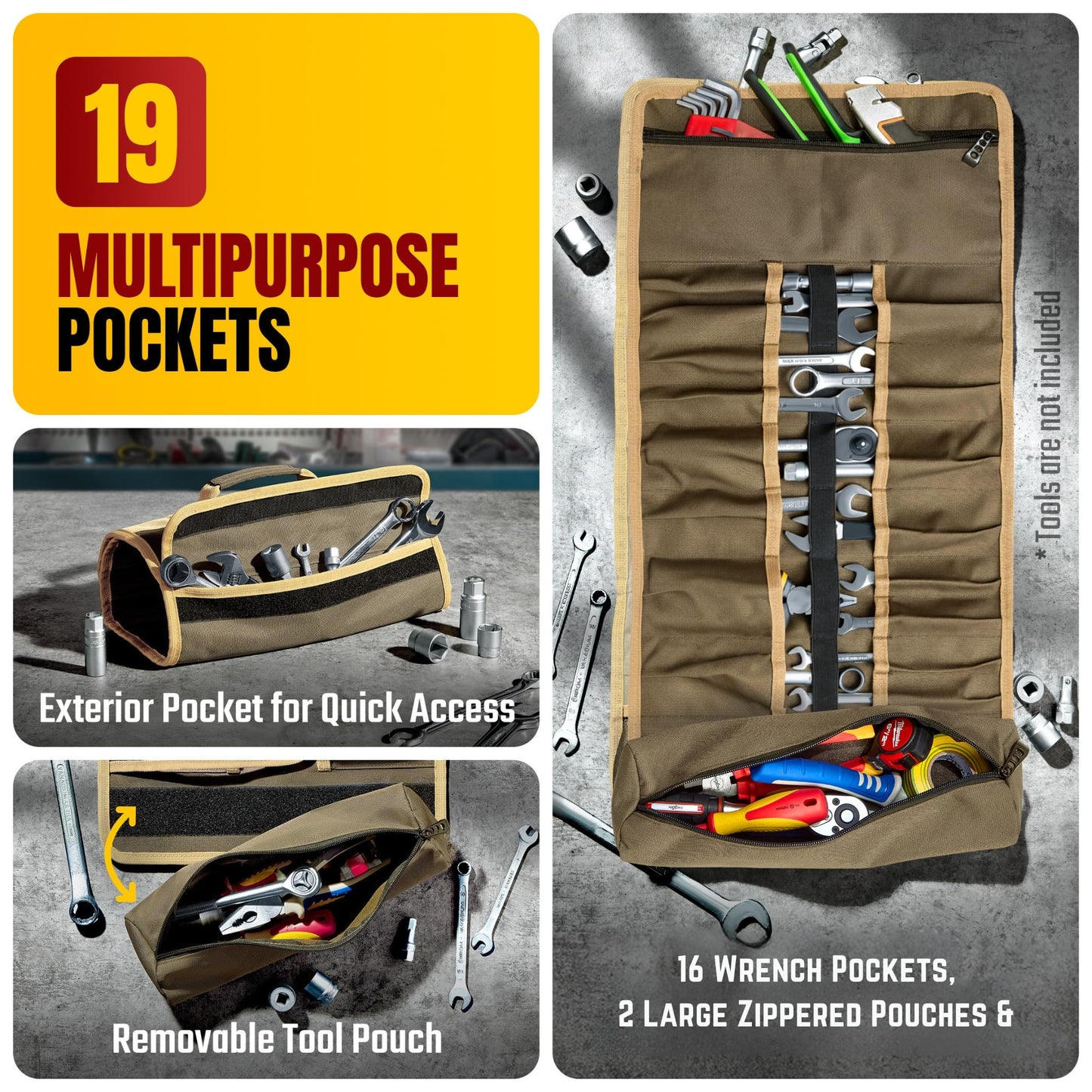 The Ryker Bag Wrench Roll Up Heavy-Duty Canvas Tool Organizer, Tool Roll Organizer Gifts for Dad Roll-Up Tool Bag w/Multiple Pockets for Wrenches, Sockets & Hand Tools for Mechanics & Electricians