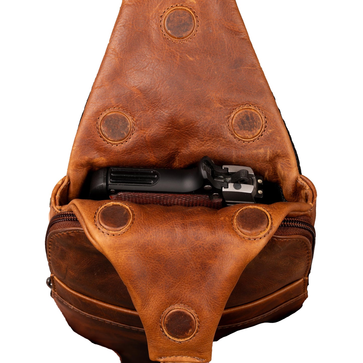 Lady Conceal - Dakota Unisex Leather Concealed Carry Sling Bag - Large Frame Handgun - Concealment pockets with Magnetic Closure and Universal Holster Backpack (Cognac) - 7" L x 15" H x 2" D