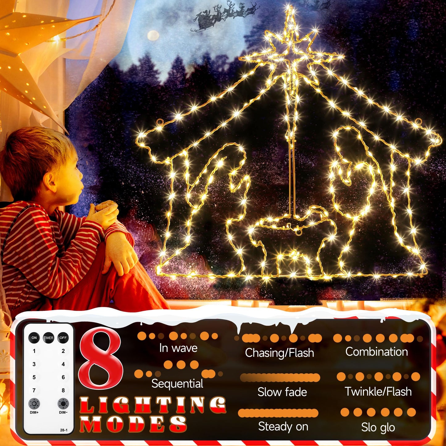ElectricWise 26.4" Christmas Window Lights, Large Light up Nativity Scene Lighted with 260 LED & Remote, Star of Bethlehem Xmas Window Decorations Plug in for Decor Holiday Outdoor Indoor Home (White)